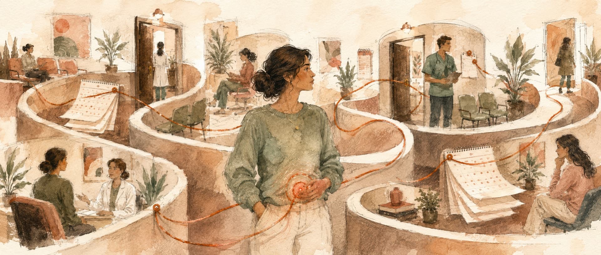 Watercolor of a woman holding a red thread that winds through a maze of waiting rooms and clinic doors