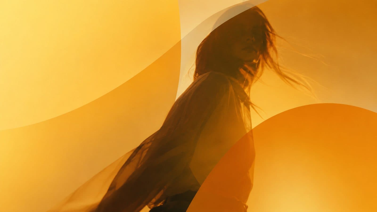 A woman with her hair in motion, backlit in warm golden light