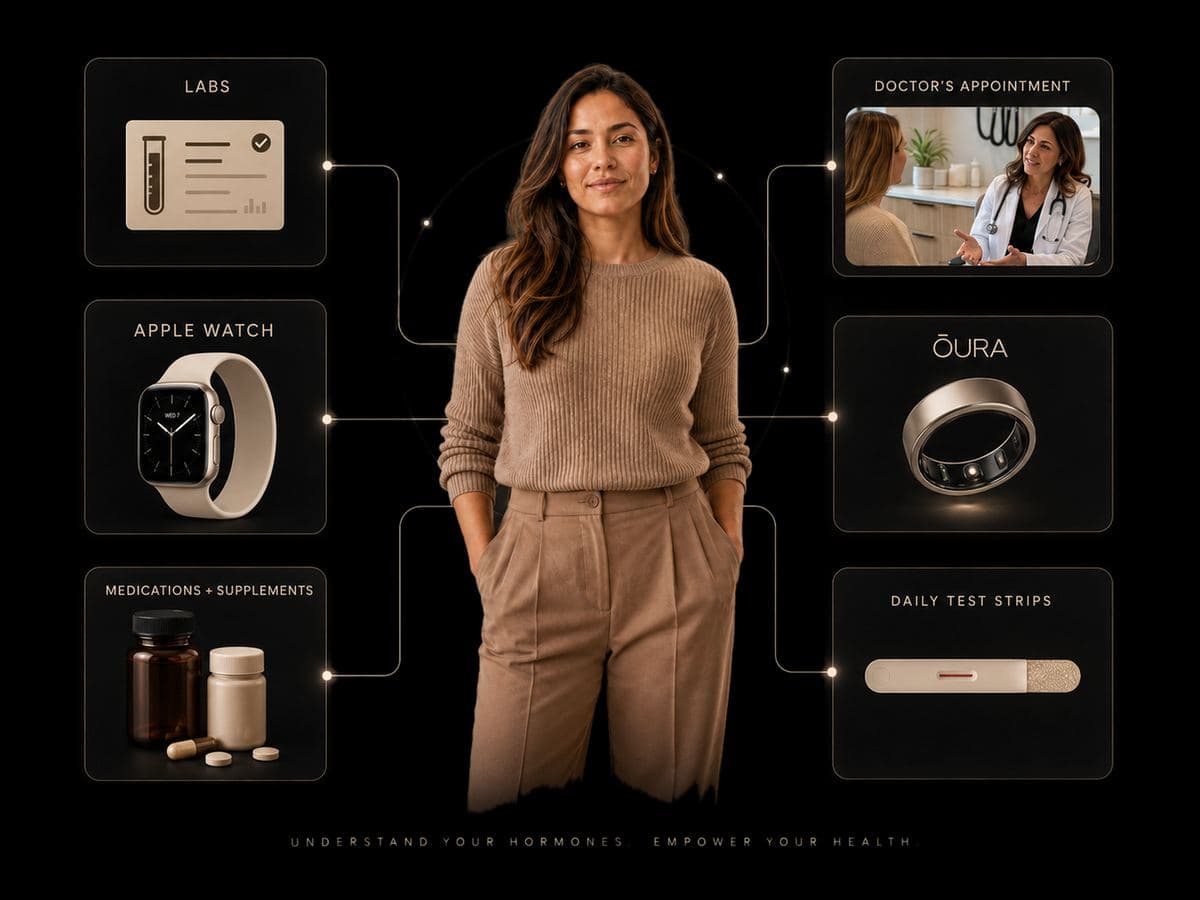 A woman connected to her health data: labs, Apple Watch, medications and supplements, doctor's appointments, Oura ring, and daily test strips